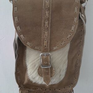 Cross Body Brown Leather and Pony Bag with Fringe